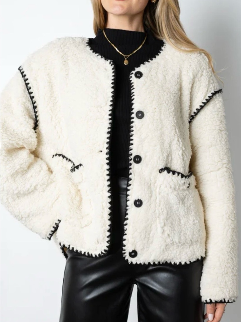 Vestique Cream Sherpa Button-Front Jacket with Black Trim - Picture 2 of 6